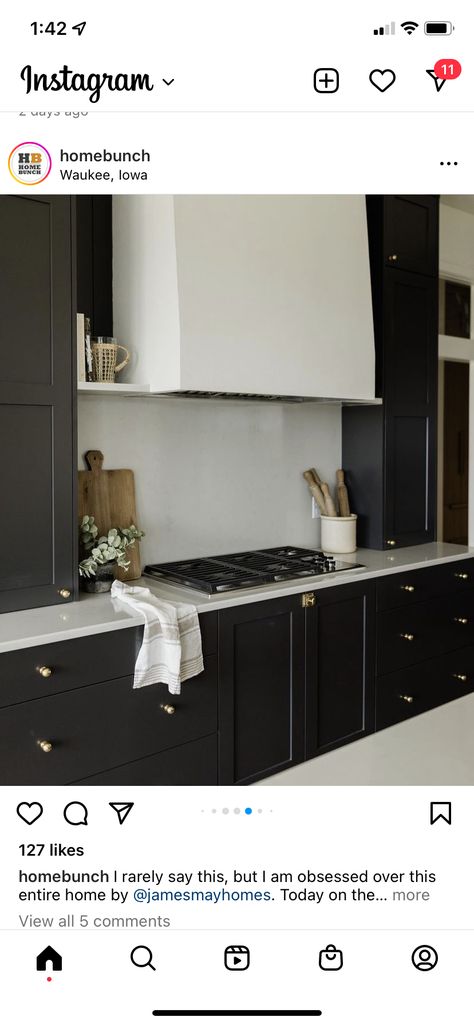 Lindye Galloway Kitchen, Peppercorn Cabinets Kitchens, Tricorn Black Kitchen Cabinets, Black Kitchen Hood, Tricorn Black Sherwin Williams, Black Sherwin Williams, Organic Transitional, Sherwin Williams Tricorn Black, Cb2 Living Room