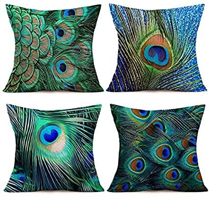 Fukeen Colorful Peacock Feather Decorative Throw Pillow Cases 4 Pcs Cotton Linen Standard 18x18 Inch Cushion Cover Natural Style for Home Sofa Couch Decor Pillowcase Green Blue: Amazon.ca: Home & Kitchen Lavish Living Room, Couch Decor, Pillow Styling, Euro Pillow, Linen Pillow Covers, Linen Throw Pillow, Decorative Cushion Covers, Linen Pillow Cases, Linen Throw