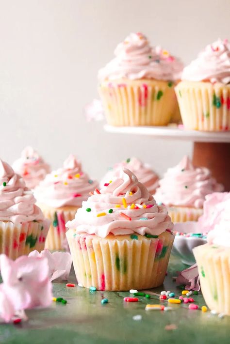 grown-up funfetti cupcakes with bourbon strawberry buttercream – The Foul-Mouth Gourmet Cupcakes Photography, Blackberry Cupcakes, Fluffy Buttercream, Cupcake Photography, Boozy Cupcakes, Funfetti Cupcakes, Canned Butter, Swear Words, Strawberry Buttercream