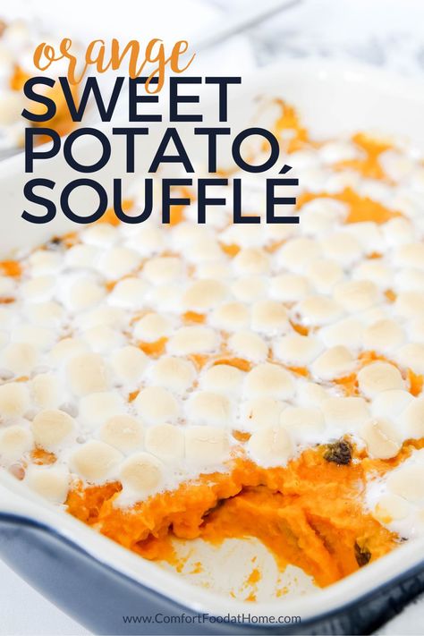 A southern Thanksgiving just wouldn’t be complete without a sweet potato soufflé. I’ve got the perfect twist on the classic dish, with a hint of orange zest and raisins to add texture and more flavor to the sweetness. Learn how to make sweet potato soufflé, just like my grandma used to do it! Marshmallow Sweet Potato Casserole, Sweet Potatoes Casserole, Marshmallow Sweet Potato, Sweet Potato Soufflé, Sweet Potato Casserole With Marshmallows, Potatoes Casserole, Sweet Potatoes With Marshmallows, Sweet Potato Side Dish, Sweet Potato Casserole Easy