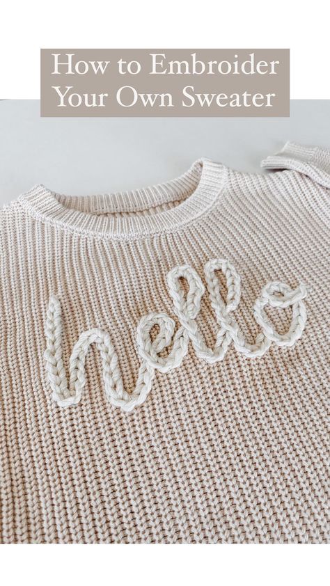 Made this one for a friend’s cute lil baby 💜 Want to learn how to make your own embroidered sweaters? 💜 Comment “sweater stitch along”… | Instagram Name On Sweater Diy, Embroidery Sweater Diy, How To Embroider Letters, Socks For Christmas, Cross Stitch Letter Patterns, Embroidered Sweaters, Sweater Diy, Monogram Sweater, Embroidered Socks