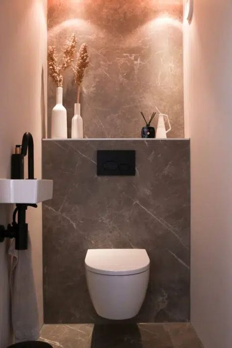 Toilet Design Modern, Small Toilet Design, Wc Decoration, Small Downstairs Toilet, Toilet Decoration, Toilet Room Decor, Wc Design, Small Bathroom Layout, Small Toilet Room