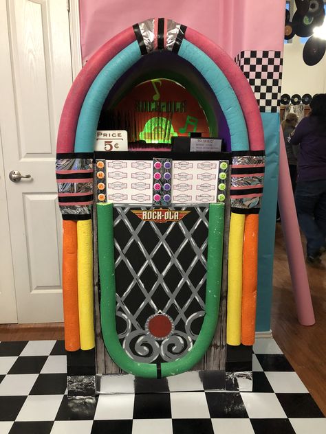 Diy 50s Party Decorations, Sock Hop Ideas, Sock Hop Photo Booth, Grease Homecoming Float Ideas, Grease Themed Trunk Or Treat, Diy Sock Hop Decorations, 50s Parade Float Ideas, Sock Hop Dance Ideas, Diy Jukebox Prop