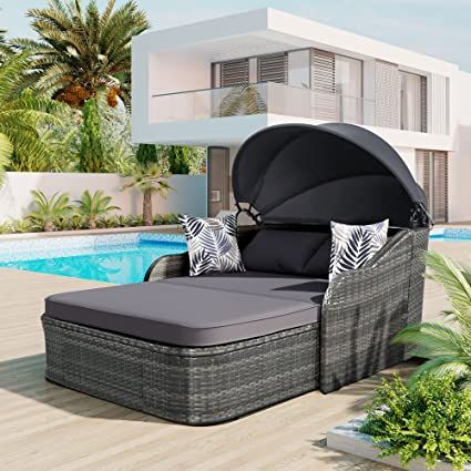 Outdoor Sunbed with Retractable Canopy, Rattan Wicker Patio Daybed with Washable Cushions and Pillows, Chaise Chair Sunbed for Garden Poolside Backyard Wicker Daybed, Rattan Daybed, Double Chaise Lounge, Patio Daybed, Outdoor Daybed, Double Chaise, Outdoor Chaise, Outdoor Chaise Lounge, Grey Cushions