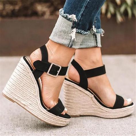 97d0145823aeb8ed80617be62e08bdccdesc39232970ri Suede Shoe Style, Heeled Espadrilles, Comfortable Wedges, Open Toe High Heels, High Heel Wedges, Womens Sandals Wedges, Buckled Heels, Fashion Heels, Womens Wedges