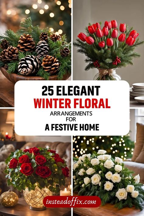 25 Elegant Winter Floral Arrangements for a Festive Home 2 Christmas Floral Centerpieces Elegant, Christmas Table Floral Arrangements, Red And White Roses Centerpieces, Christmas Floral Arrangements Diy, Holiday Flower Arrangements, Diy Floral Centerpieces, Christmas Floral Designs, Winter Flower Arrangements, Holiday Floral Arrangements