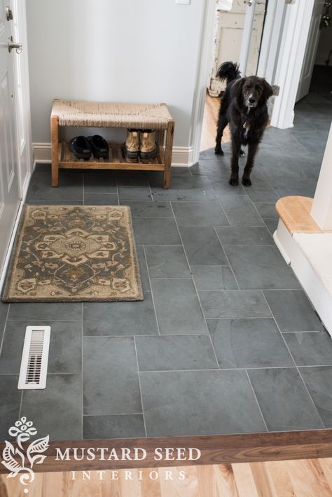 Montauk Blue Slate Tile in the Foyer - Grout- Iron Mapei/ Matte Sealer before grout Blue Slate Tile, Foyer Makeover, Entryway Floor, England Country, Entryway Tile, Mudroom Flooring, Slate Tile Floor, Foyer Flooring, Entry Tile