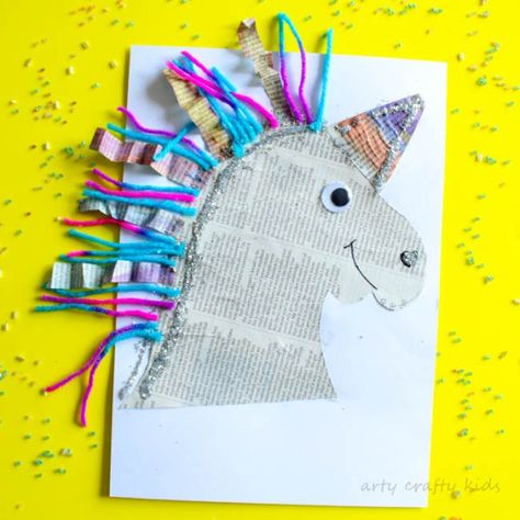 Arty Crafty Kids | Art | Mixed Media Paper Unicorn Craft | A fun mixed media paper unicorn project for kids! Printable Valentine Bookmarks, Unicorn Crafts For Kids, Valentines Bookmarks, Unicorn Craft, Diy Unicorn, Newspaper Art, Unicorn Crafts, Easy Art Projects, Newspaper Crafts