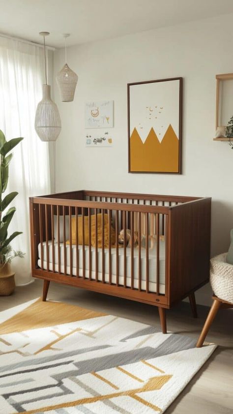 Mid-century modern nursery with rich wood tones, mustard accents, playful art, and a cozy, vibrant feel. Mid Century Nursery Boy, Stylish Nursery Ideas, Mcm Nursery, Triplets Nursery, Mustard Accents, Mid Century Modern Nursery, Mid Century Nursery, Neutral Nurseries, Modern Baby Nursery