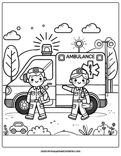 an ambulance with paramedics Hospital Coloring Page, Cartoon Ambulance, Ambulance Cartoon, Community Helpers Week, Free Planner Pages, September Colors, Candy Bouquet Diy, Hospital Pictures, Coloring Sheets For Kids