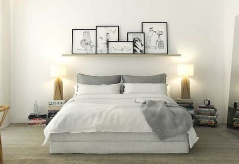 Bedroom Shelf Display Picture Shelf Above Bed, Ideas For Above The Bed, Pictures Above Bed, Bedroom Wall Art Above Bed, Above Bed Ideas, Artwork Above Bed, Bedroom Art Above Bed, Shelf Above Bed, Wall Shelves Bedroom