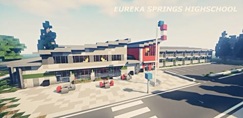 Eureka Springs Highschool - Project Realism 4K Minecraft Project Minecraft High Rise, Minecraft High School Building, Minecraft University, Minecraft School Ideas, Minecraft Pokemon Center, Minecraft Highschool, Sims 4 Highschool Build, Sims 4 High School Building, Minecraft School