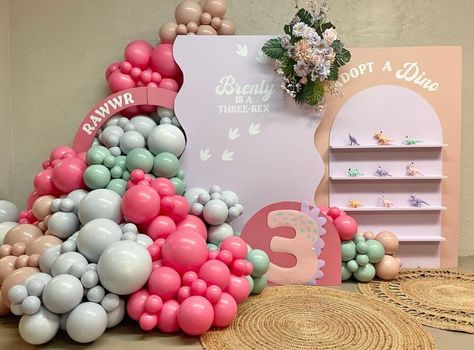 Three Rex Birthday Balloon Arch, Dinosaur Party Backdrop, Dinosaur Birthday Backdrop, Dinosaur Backdrop, Backdrop Arches, Birthday Balloon Arch, Three Rex Birthday, Pink Dinosaur Party, Girly Dinosaur