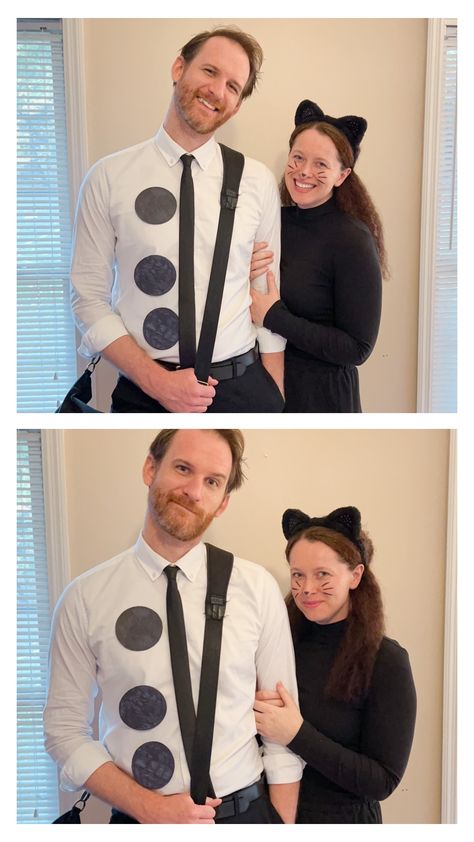 Jim Pam And Dwight Costume, Cat Couple Costume, The Office Couples Costumes, 3 Hole Punch Jim, The Office Couple Costume, Pam Cat Costume The Office, Jim And Pam Costume, Jim Cantore Costume, Obscure Halloween Costumes