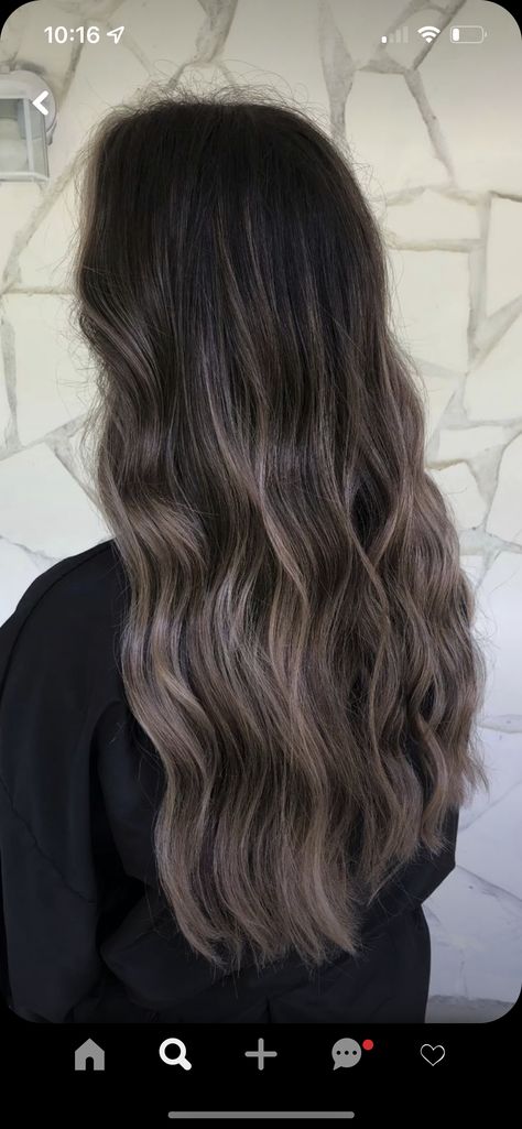 Cute Hair Colors For Pale Skin, Dark Hair Balayage Ashy, Hair Color Ideas For Pale Skin Hazel Eyes, Dark Brown Hair With Hazel Eyes, Ash Brown Shadow Balayage, Smoky Ash Brown Hair, Brunette Ash Balayage, Good Hair Colors For Pale Skin, Bronde Balayage On Dark Hair