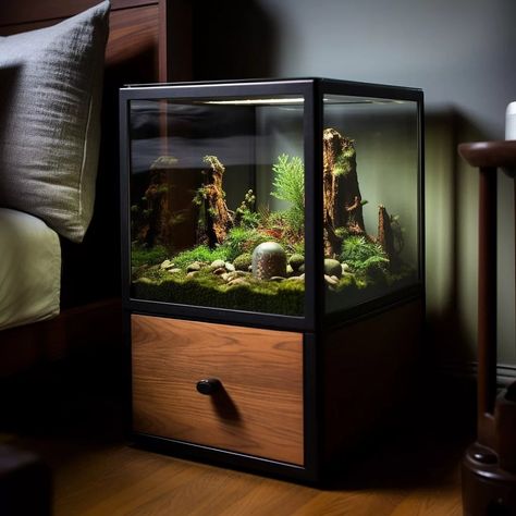 Terrarium-Inspired Nightstands: Bring Green Elegance to Your Bedside Mens Room Decor, Nightstand Design, Labyrinth Design, Fish Tank Design, Beautiful Terrariums, Fishing Room, Long House, Neon Decor, Aquarium Design