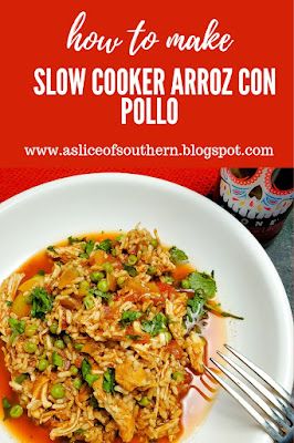 This one-pot dinner is inspired by the traditional dish of Spain and Latin America. Slow Cooker Arroz con Pollo comes together easily, using your crock pot! - Slice of Southern Southwest Crock Pot Chicken And Rice, Crockpot Spanish Chicken And Rice, Italian Chicken And Rice Crockpot, Crock Pot Spanish Rice, Chicken And Rice Crockpot, Spanish Rice Easy, Recipes Mexican, Cuban Food, One Pot Dinner