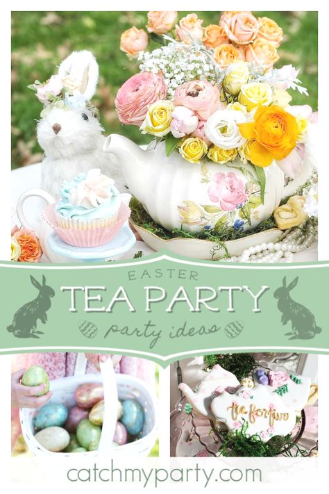 Easter Tea Party Kids, Ostara Tea Party, Bunny Tea Party Birthday, Tea Party With Dolls, Easter Vignettes, Tea Party Toys, Easter Tea Party, Vintage Party Ideas, Cake Backdrops