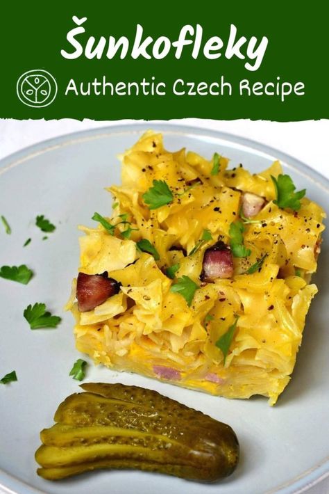 Try this delicious Czech dish - šunkofleky, ham and noodle bake! Served with pickles. It is an authentic Czech recipe. #czechfood #czechcuisine #czechrecipe #casserole Czech Recipes Bohemian, Slovakian Food, Unhealthy Recipes, Ham And Noodle Casserole, Czech Desserts, Basque Food, Coco Puffs, Noodle Bake, Slovenian Food