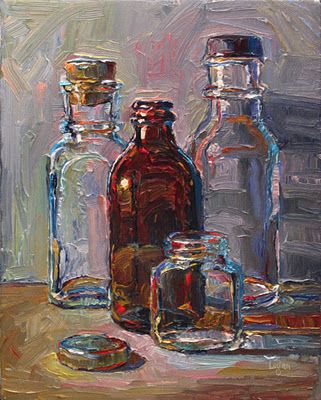 raymond logan Bottle Paintings Art, Glass Bottle Acrylic Painting, Raymond Logan, Transparent Painting, Transparent Bottle, Reflection Art, زجاج ملون, Board Art, Still Life Drawing