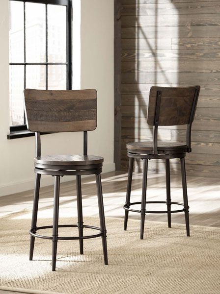 Industrialized Style? The Jennings Swivel Bar Stool from Family Leisure is the best of the best! Farmhouse Bar Stools With Backs, Farmhouse Bar Stools, Farmhouse Bar, Designer Bar Stools, 30 Bar Stools, Hillsdale Furniture, Bar Stools With Backs, Swivel Counter Stools, Swivel Bar Stool