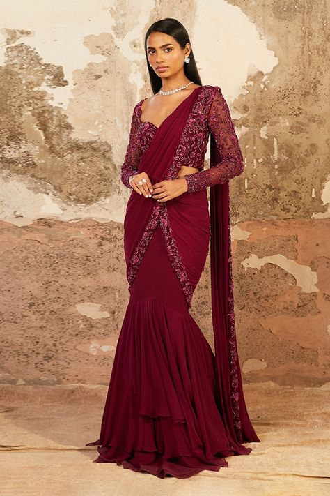 Buy Shloka Khialani Purple Georgette Aubrey Pre-draped Saree With Blouse Online | Aza Fashions Shloka Khialani, Draped Saree, Purple Saree, Drape Saree, Embellished Blouse, Purple Fabric, Saree Look, Fancy Sarees, Plum Purple