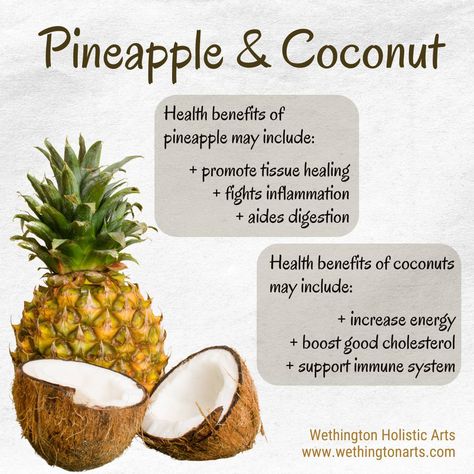 It's National Piña Colada Day! We hope you enjoy learning about these potential health benefits of pineapple and coconut. The most delicious piña colada that I've ever had was in Puerto Rico. Do you like them or are they not your thing? #nationalpinacoladaday #pinacoladaday #benefitsofpineapple #benefitsofcoconut #wethingtonholisticarts Health Benefits Of Pineapple, Benefits Of Pineapple, Pineapple Health Benefits, Pineapple Benefits, Pineapple And Coconut, Coconut Benefits, Coconut Health Benefits, National Days, Pineapple Coconut