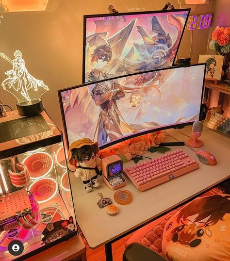 Game Artist Aesthetic, Colorful Gaming Setup, Genshin Gaming Setup, Gaming Anime Room, Genshin Room Decor, Anime Gamer Room, Japan Room, Artist Workspace, Desk Organisation