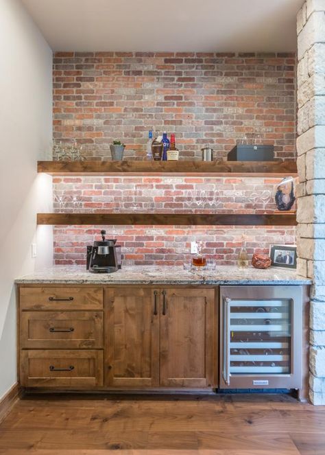 Red Brick Wallpaper Kitchen, Brick Accent Walls, Brick Accent Wall, Home Bar Rooms, Red Brick Wall, Dining Room Remodel, Brick Kitchen, Coffee Bars In Kitchen, Brick Backsplash