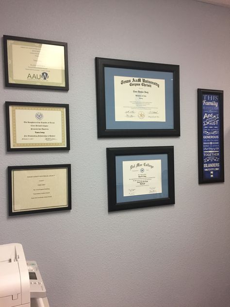 Degree Hanging Ideas, Diplomas On Wall Ideas, Diploma Office Display, Hang Degrees In Office, Hanging Certificates In Office Display, Hanging Diplomas On Wall, Achievement Wall Display Ideas Office, How To Display Certificates On Wall, Hanging Degrees In Office