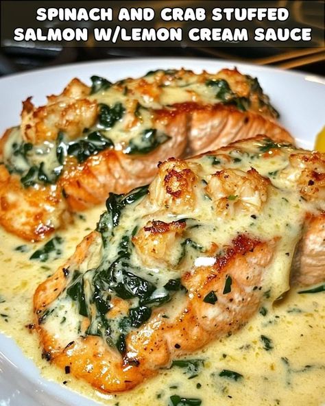 Yay Recipes Spinach And Crab Stuffed Salmon, Salmon With Lemon Cream Sauce, Yay Recipes, Crab Stuffed Salmon, Lemon Cream Sauce, Spinach Lasagna Rolls, Salmon With Lemon, Stuffed Salmon, Lemon Cream Sauces