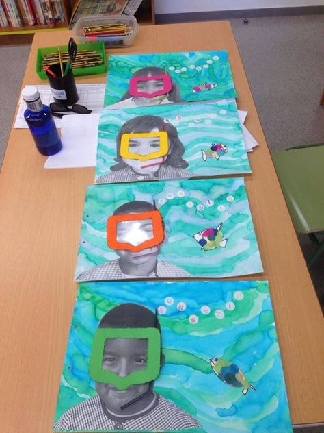 snorkeling self protraits Ocean Art Projects, Classe D'art, Ocean Unit, Ecole Art, Cool Art Projects, Ocean Crafts, Kindergarten Art, Camping Art, Ocean Themes