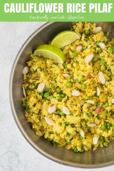 Low Carb Cauliflower Rice Pilaf that really packs a flavor punch! Dress up your Cauliflower Rice with curry spices, green peas and almonds to create this delicious healthy low carb side dish! Gluten Free, Paleo, and Whole30 too #lowcarb #paleo #whole30 #cauliflowerrice #cauliflower #rice #lowcarbside #keto #glutenfree #noshtastic Rice With Curry, Cauliflower Rice Pilaf, Low Carb Side Dish, Paleo Menu, Low Carb Side, Carb Dishes, Rice Pilaf Recipe, Easy Whole 30 Recipes, 2b Mindset