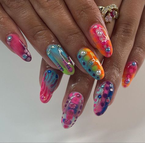 Trippy Nail Art, Nail Design Glitter, Nail Gems, Tie Dye Nails, Matte Nails Design, Nail Art Set, Fake Nails With Glue, Really Cute Nails, Pearl Nails