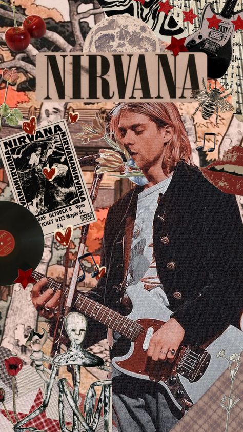 Nirvana Collage Wallpaper, Kurt Cobain Aesthetic Grunge, Nirvana Moodboard, Nirvana Wallpaper Aesthetic, Grunge Band Aesthetic, Grunge Collage Wallpaper, Nirvana Aesthetic, Band Collage, Grunge Collage