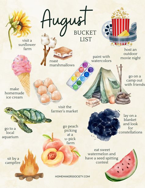 August Bucket List: Embrace the Magic of Summer + Free Printable - The Homemaker's Society Bucket List Calendar, No Spend Activities August, End Of Summer Bucket List, June Bucket List Ideas, Summer Bucket List Journal, Ideas For Summer, May Bucket List, July Bucket List, February Bucket List