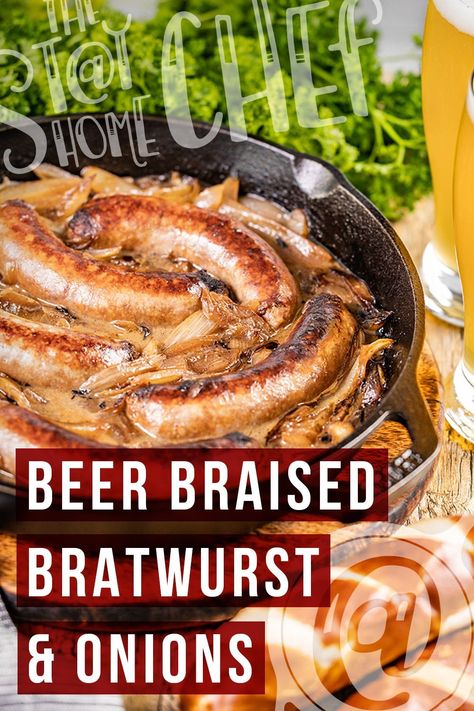 Beer Braised Brats And Onions, Bratwurst Recipes Skillet Beer Brats, Oven Braised Beer Brats, Beer Braised Onions, Slow Cooker Beer Brats And Onions, Peppers And Onions For Brats, Bratwurst And Onions, Braut Recipes Bratwurst Beer, Beer Cheese Beer Brats