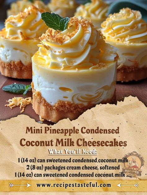 Easy Recipes Mini Pineapple Condensed Coconut Milk Cheesecakes, Bowl Desserts, Mini Pineapple Upside Down Cakes, Pineapple Cakes, Condensed Coconut Milk, Middle Eastern Desserts, Dessert Bar Recipe, Cold Treats, Bar Recipe