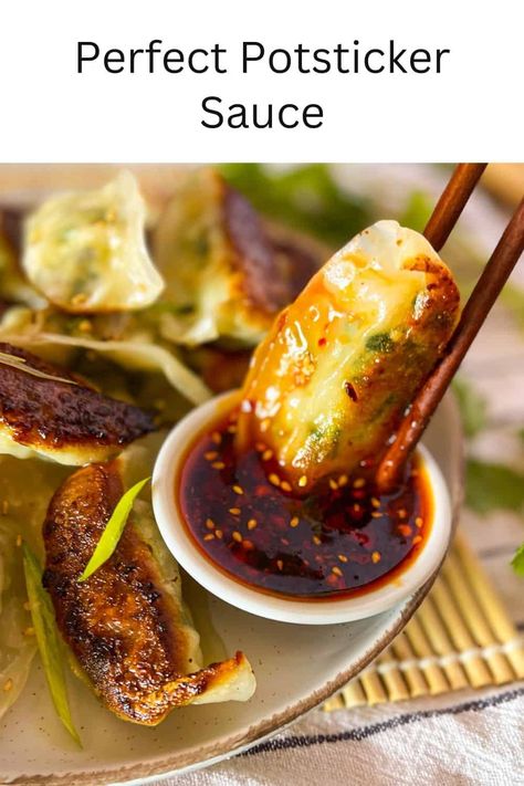 The ideal balance of of sweet, savory, salty and spicy in this Perfect Potsticker Sauce Recipe with just five simple pantry ingredients. It's a fail-proof dipping, drizzling and dunking sauce. Pin this amazing recipe to your favorite board today. Spicy Potsticker Sauce, Easy Pot Sticker Sauce, Sauce For Dumplings Easy, Pot Stickers Recipe Dipping Sauces, Pot Stickers Sauce, Potsticker Sauce Recipe, Potsticker Sauce Easy, Recipes Using Potstickers, Recipes With Potstickers