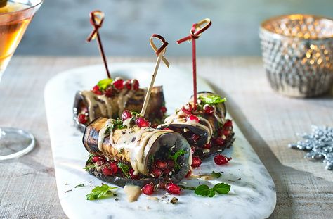 This easy vegan canapé recipe is inspired by the Middle East, with aubergine, mint, pomegranate and tahini. See more Canapè recipes at Tesco Real Food. Party Canapes, Christmas Canapes, Nibbles For Party, Canapes Recipes, Vegan Party Food, Vegan Party, Tesco Real Food, Vegan Christmas, Vegan Appetizers