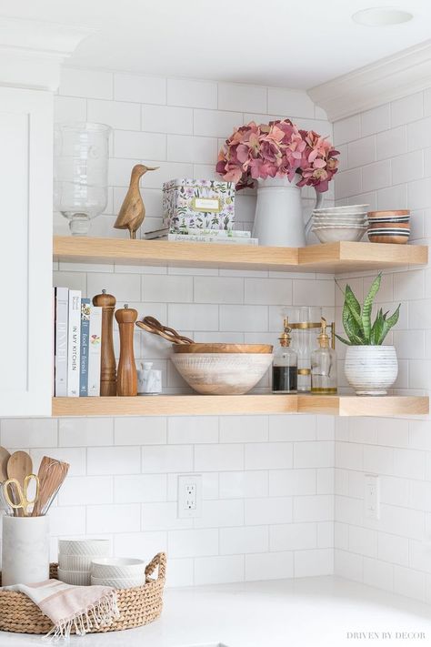 Faux hydrangeas that look real! Love them in a pitcher on this open kitchen shelving! #flowers #fauxflowers #shelfie #fall #falldecor Bulk Barn, Kitchen Shelving, Floating Corner Shelves, White Kitchen Remodeling, Open Kitchen Shelves, Floating Shelves Diy, Kitchen Organizer, Estantes Flotantes, Open Shelves