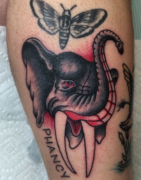 Elephant tattoo based on Jerry flash by Matt Nemeth. Circus Elephant Tattoos, Elephant Skull, Elephant Tattoo Design, Hand Tattoos For Women, Elephant Tattoo, Thigh Tattoos Women, Elephant Tattoos, Aesthetic Tattoo, School Tattoo