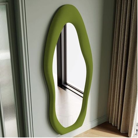 Honyee Full Length Mirror, 63" x 24" Wall Mirror, Flannel Wrapped Wooden Frame Floor Mirror, Irregular Wavy Mirror Hanging or Leaning Against Wall for Cloakroom/Bedroom/Living Room, Green Mirror Floor, Stylish Mirror, Floor Length Mirror, Wavy Mirror, Dressing Mirror, Length Mirror, Living Room White, Full Length Mirror, Mirrors Wayfair