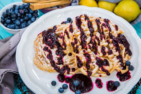 Recipes - Funnel Cake with Blueberry Sauce | Hallmark Channel Vegan Funnel Cake Recipe, Blueberry Sauce Recipe, Funnel Cake Recipe, Blueberry Sauce, Funnel Cake, Köstliche Desserts, Hallmark Channel, Homemade Sauce, Sweets Desserts