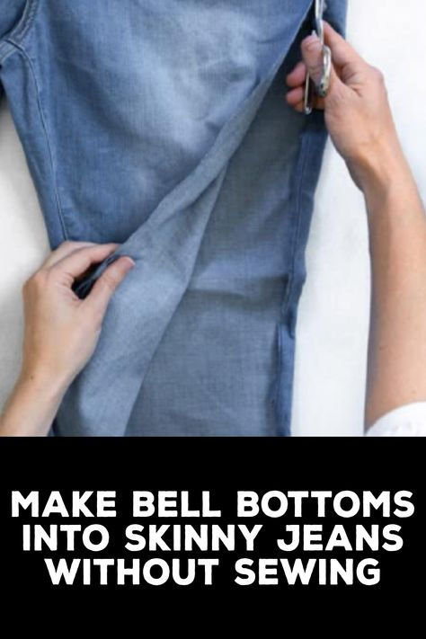 How to Make Bell Bottoms Into Skinny Jeans Without Sewing How To Make Bell Bottom Jeans, Altering Jeans, Diy Clothes Design, Elastic Thread, Bottom Jeans, Fabric Glue, Embroidery Fashion, Extra Fabric, Bell Bottom