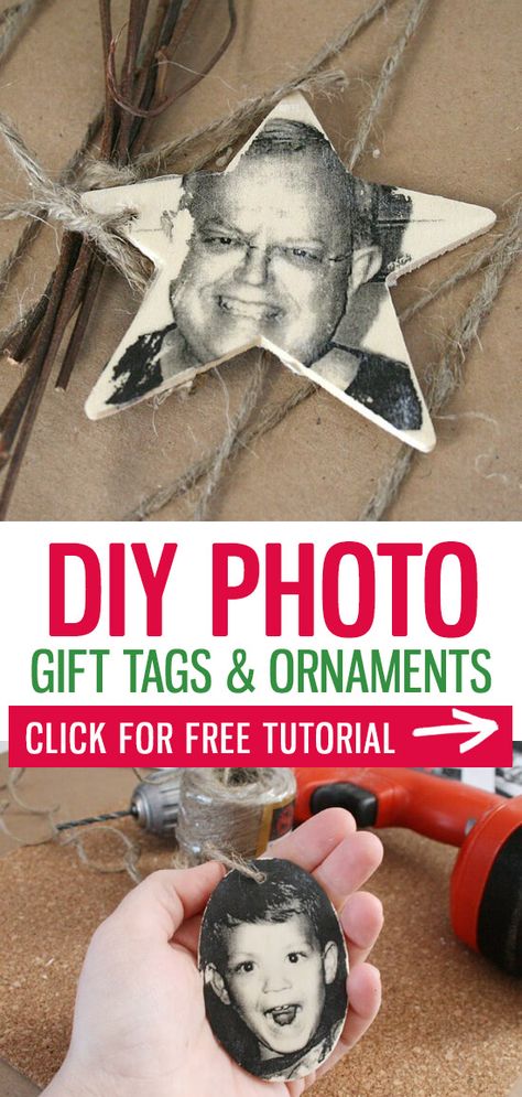 These fun and easy photo gift tags make picking out gifts under the tree super quick! And they make great ornaments for your tree next year! See how to make your own photo transfer gift tags with the full tutorial. Present Name Tags Diy, Homemade Personalized Gifts, Transfer Images To Wood, Diy Name Tags, Gifts Under The Tree, Photo Gift Tags, Diy Projects For Adults, Photo Gifts Diy, Christmas Gift Tags Diy