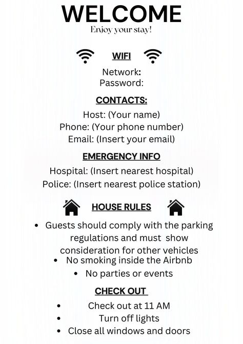 1 Page Airbnb Welcome Sign Template| Welcome Guide AirBnB | Airbnb Rental Check Out Instruction Sign|House Rules |Airbnb WIFI sign Template ⭐️WELCOME SIGN FOR AIRBNB HOSTS️If you have a rental property, you know that your guests arrive with lots of questions! This welcome sign for Airbnb/VRBO hosts will be placed right where guests can see it upon arrival so they will instantly know all the info, house rules, Wi-Fi, and check-out info right away! This often puts vacationers at ease to have all t Airbnb Names Ideas, Welcome Guide Airbnb, Airbnb House Rules Printable, Airbnb Rules, Air Bnb House Rules Template, Airbnb Host Tips Signs, Airbnb Check Out Instructions, Check In Instructions Airbnb, Decorate Airbnb