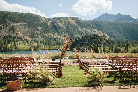 Boho Triangle Ceremony Decorations with fall flowers overlooking June Lake near Mammoth Lakes, CA. #bohowedding #bohemianbride #junelake #californiaweddingphotographer #mammothlakeswedding Outdoor Altar, June Lake California, Lake Wedding Photos, Mammoth Lakes California, June Lake, Bohemian Outdoor, Autumn Lake, Wedding Ceremony Photos, Outdoor Fall Wedding