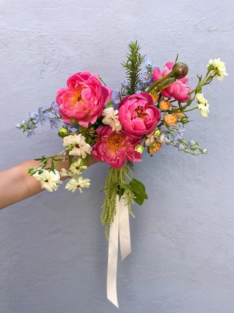 Gorgeous coral peonies included in this wild bridal bouquet. Coral Peony Bouquet, Bright Bridal Bouquet, Wildflower Wedding Bouquet, Bridal Bouquet Peonies, Coral Peonies, Peony Wedding, Wildflower Bouquet, Peonies Bouquet, Flower Bouquet Wedding