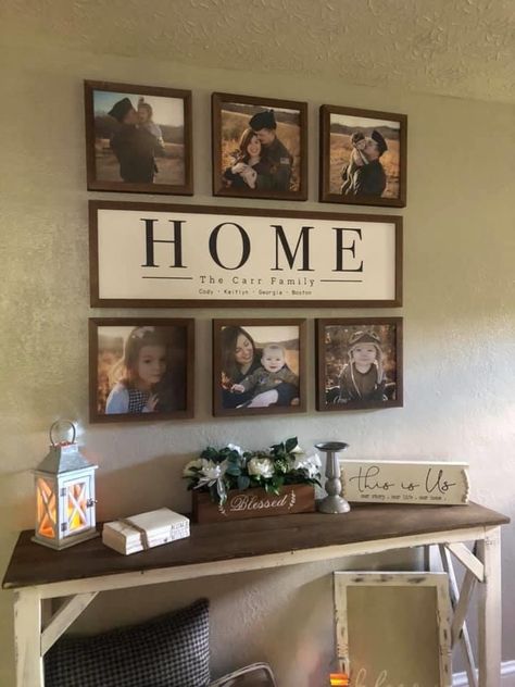 3 Picture Frames On Wall Layout Wood, Family Sign With Pictures Around It, Wall Picture Collage Ideas 11x14, Living Room Wall Decor Family Pictures, Walk In Wall Decor, Family Picture Wall Decor Ideas, Picture Frame Layout Living Rooms, Gallery Wall On Small Wall, Entry Way Table Decor With Family Photos